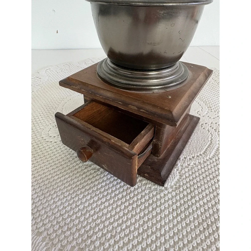 Vintage Manual Coffee Grinder Hand Crank Wood Base Metal Hopper Rustic Decor